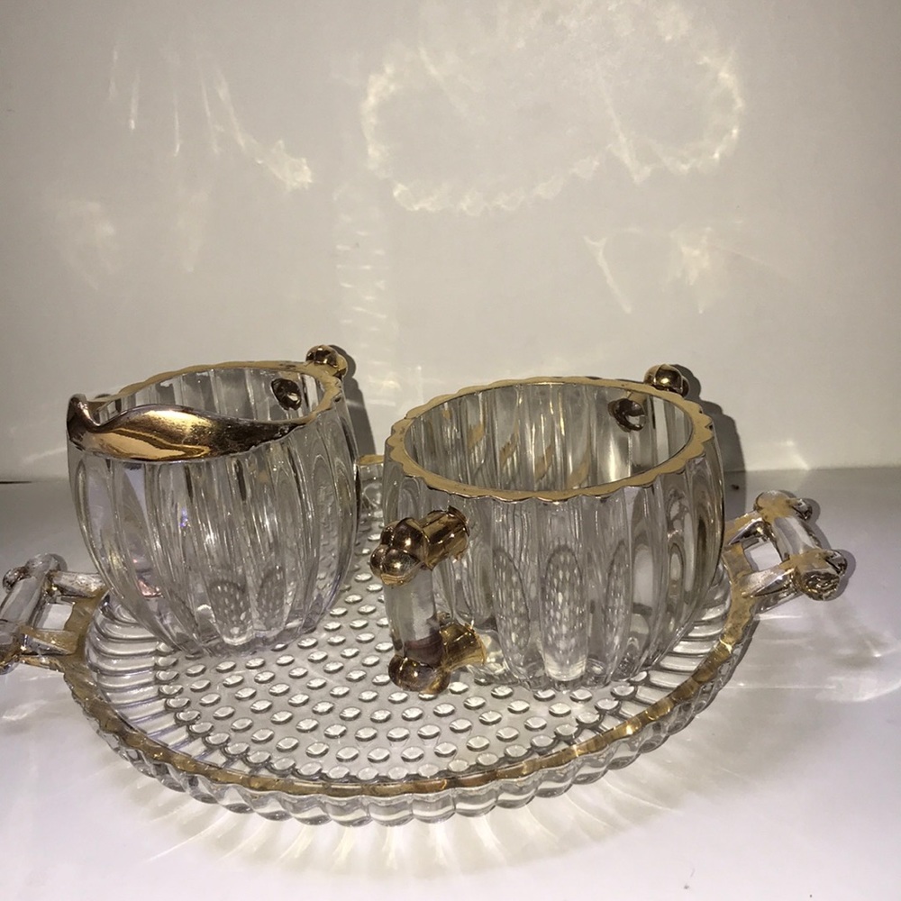 Vintage Jeanette gold rimmed pressed glass National pattern